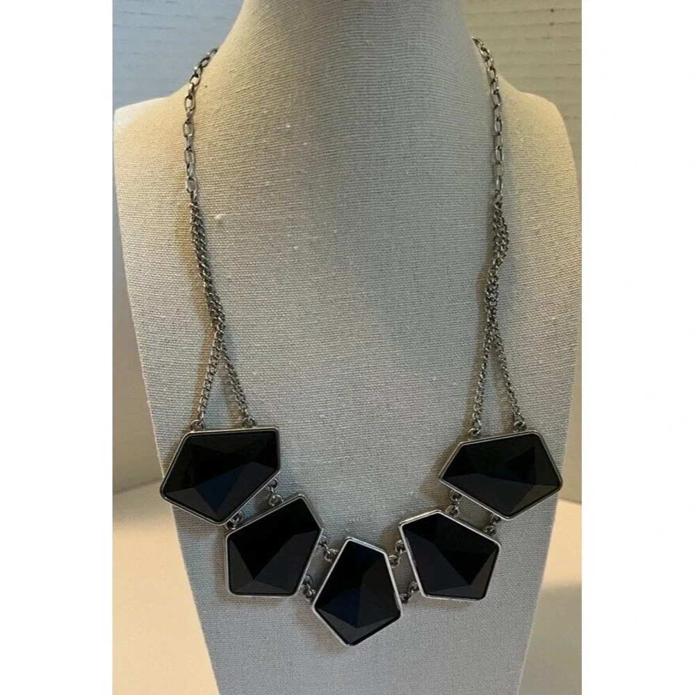 Chunky Black Geometric Statement Necklace Double Chain‎ Faceted Stones Edgy Glam